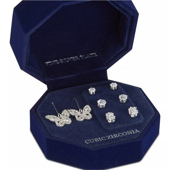 4 piece set Cubic zirconia stud and butterfly drop earrings, New with tags - Picture 1 of 6